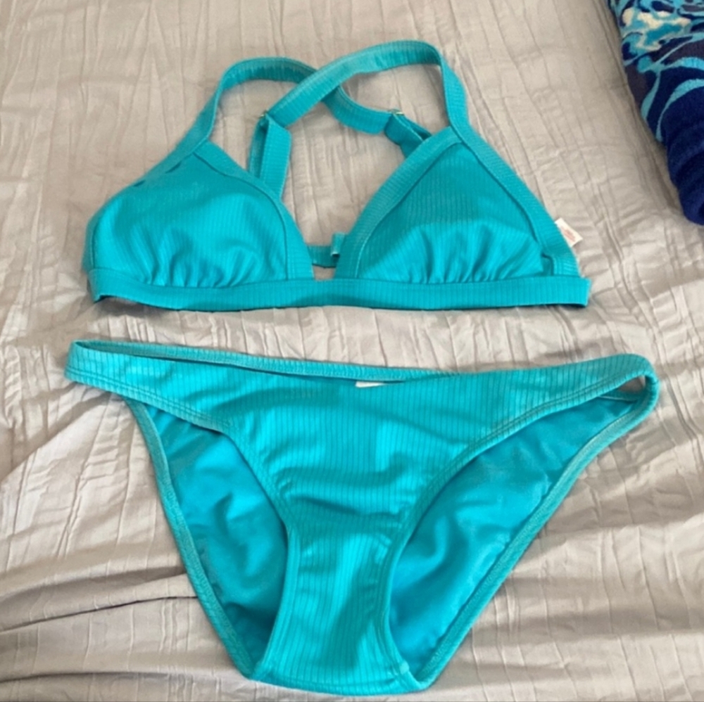 Xhilaration Aqua Blue Ribbed Bikini Set, Size L Top/M Bottom